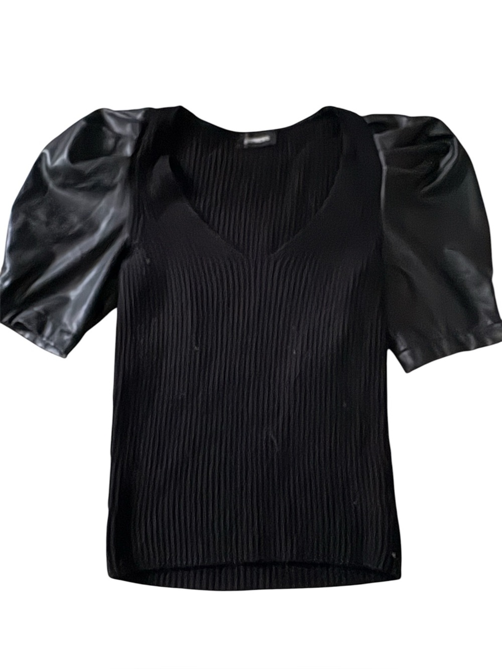 Express-Black Ribbed Knit Faux Leather Puff Sleeve Top